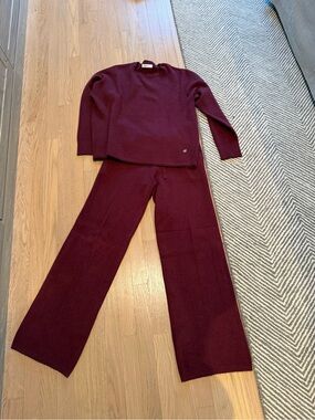 Wide-Leg Knit Pants and Pullover Set - Deep Burgundy